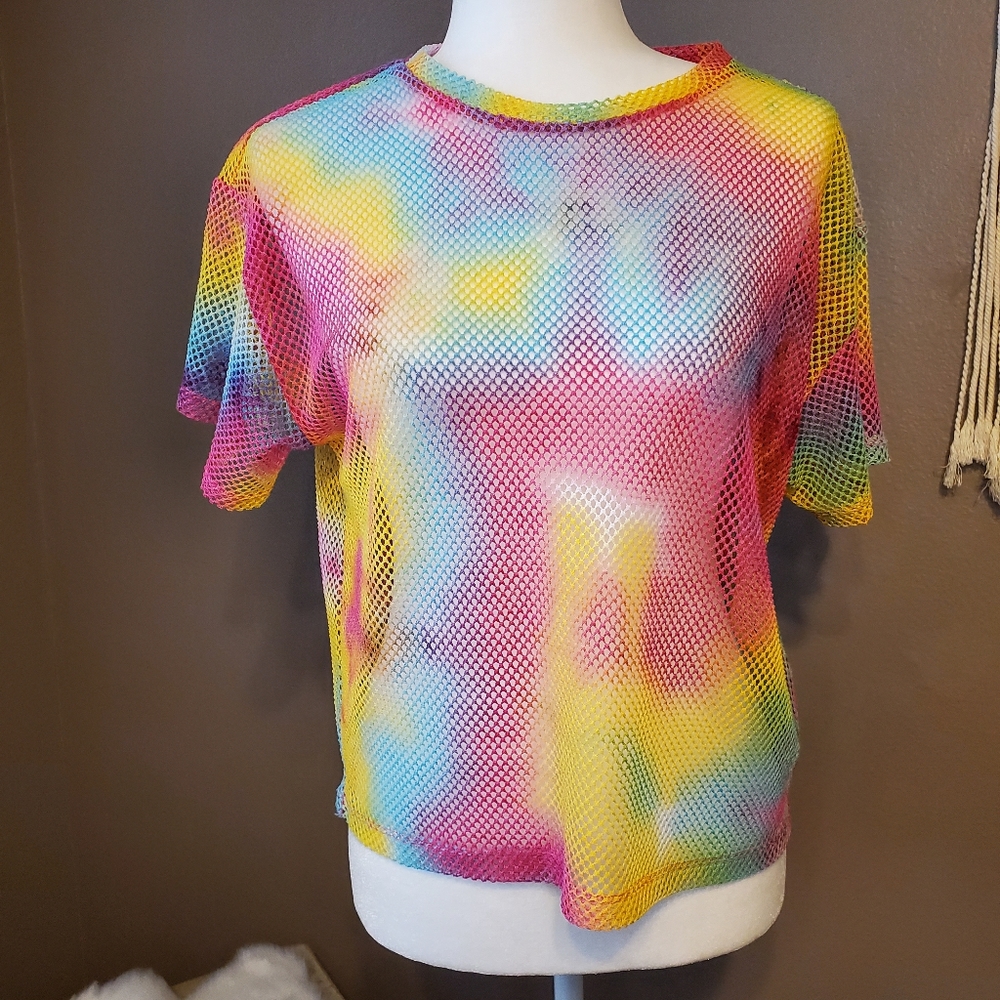 Forever 21 Rainbow Tie- Dyed Mesh Top Sz M